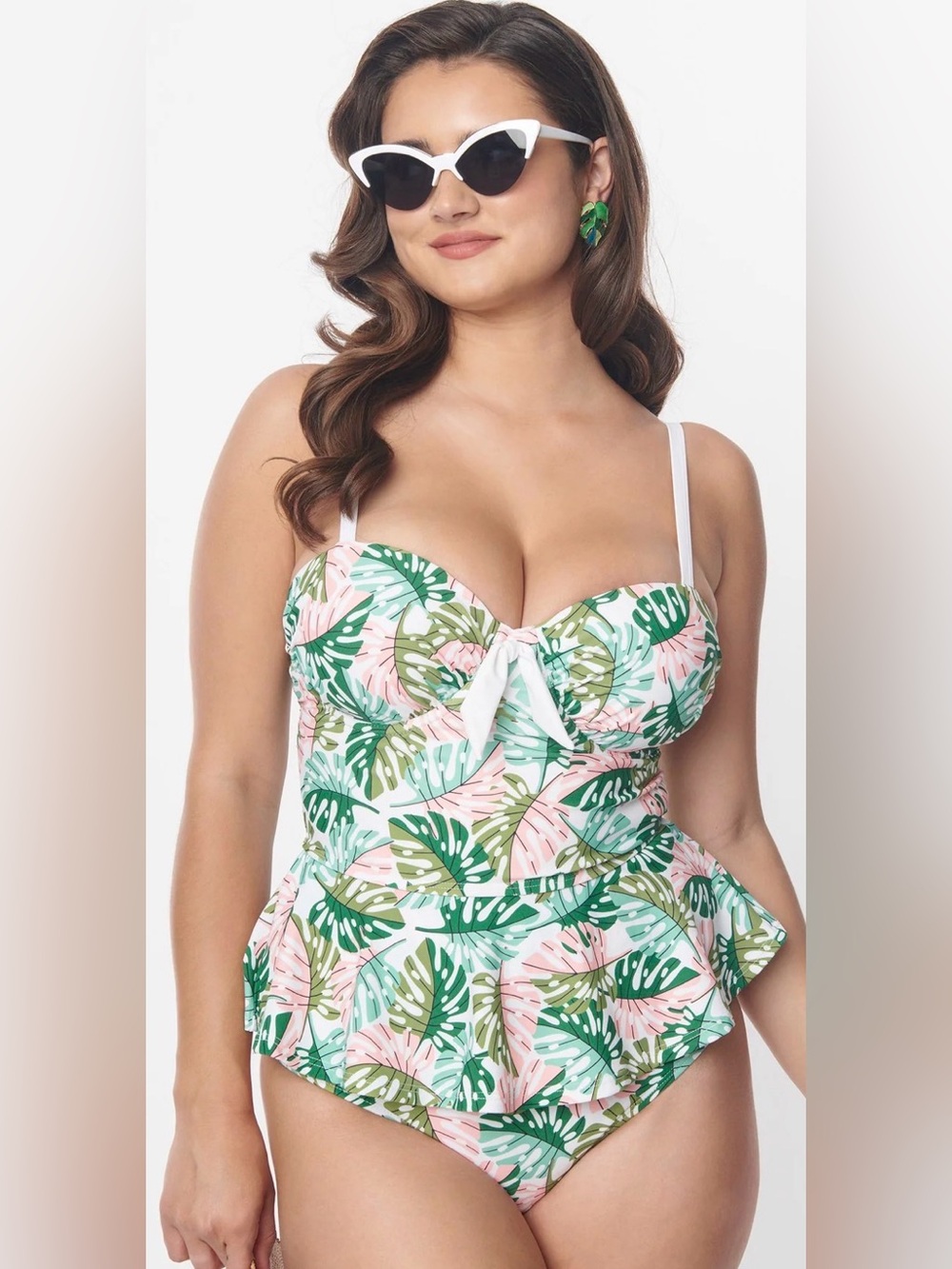 Unique Vintage Green and Pink Monstera Leaf Solana Tankini Swim Top 1X NWT